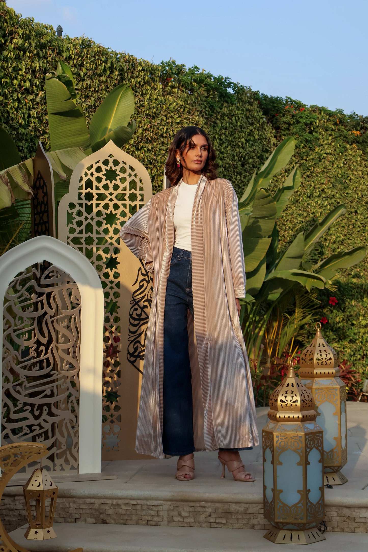 Beige Pleated Velvet Kaftan