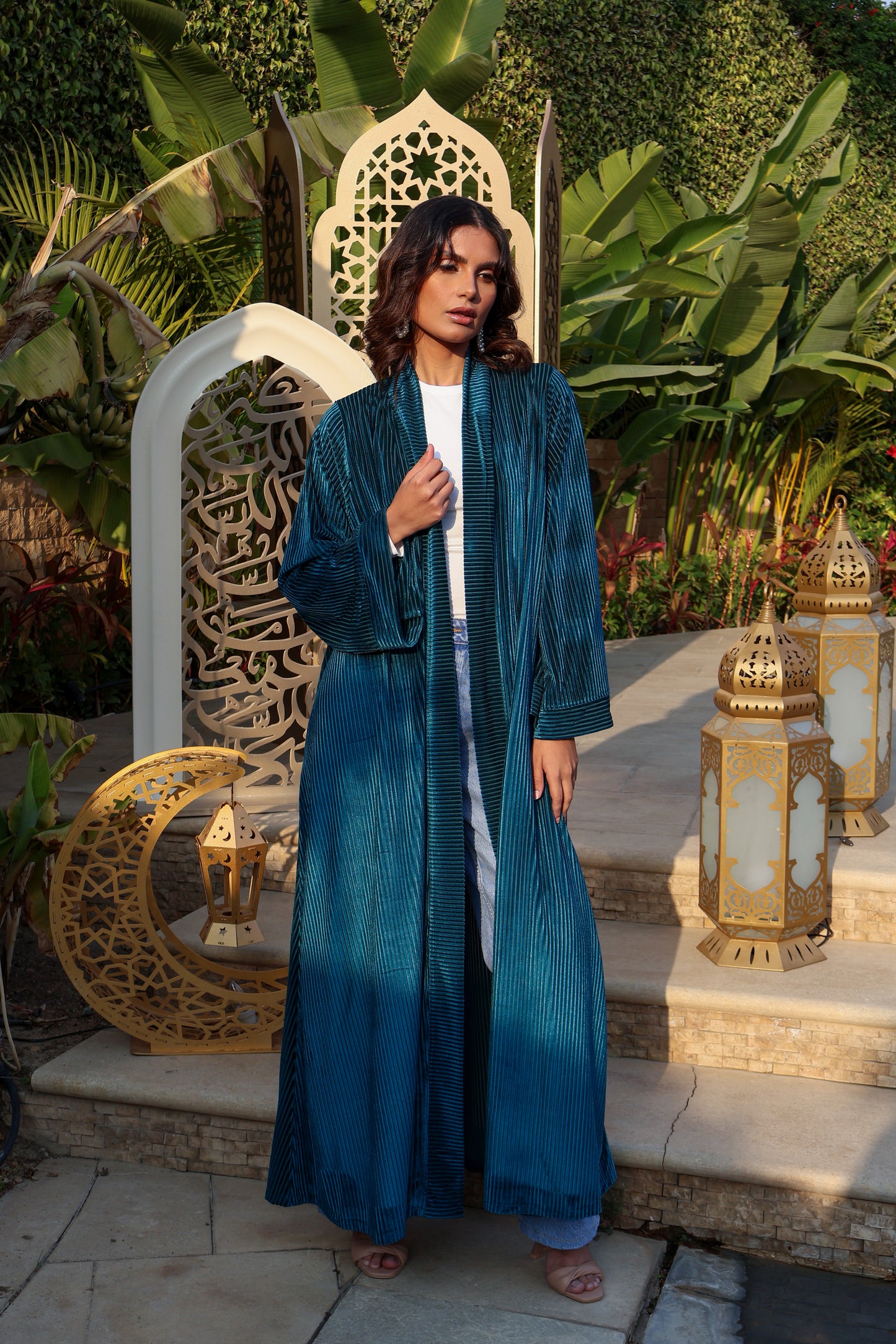Blue Pleated Velvet Kaftan