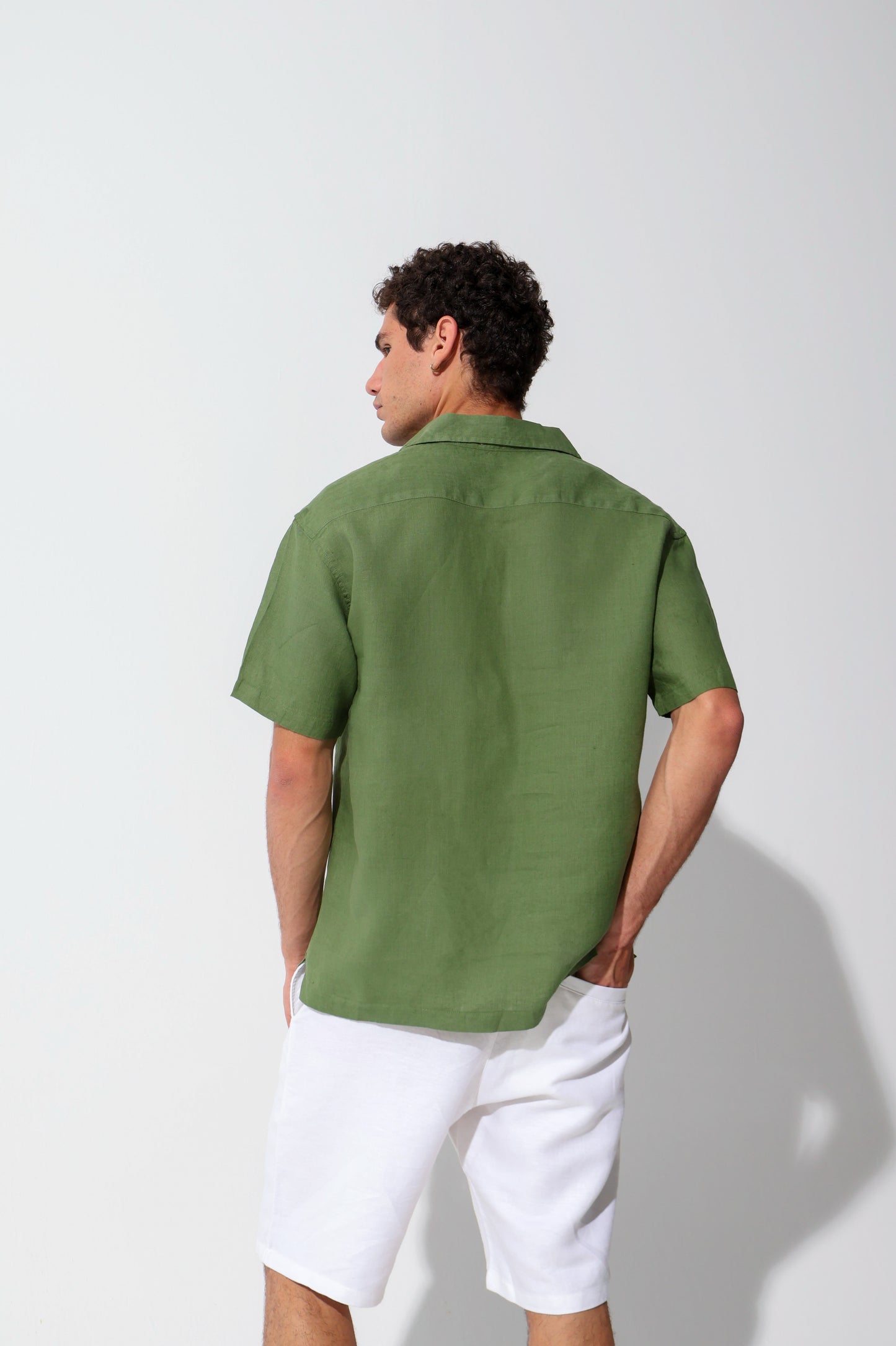 Olive Half Sleeve Linen Shirt