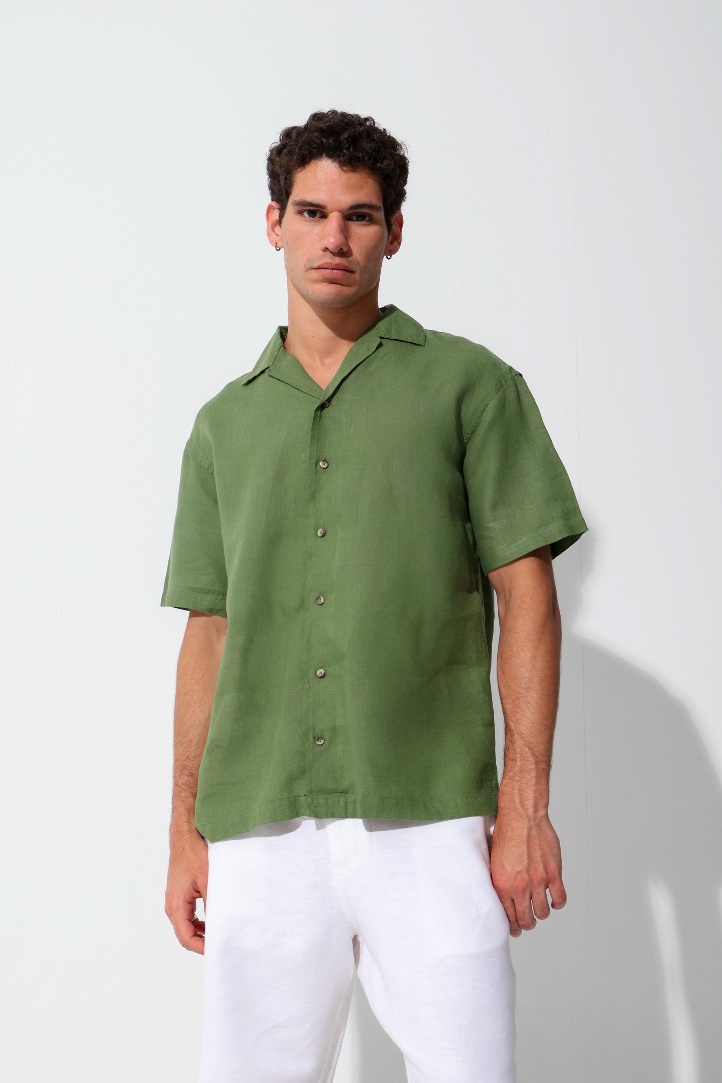 Olive Half Sleeve Linen Shirt