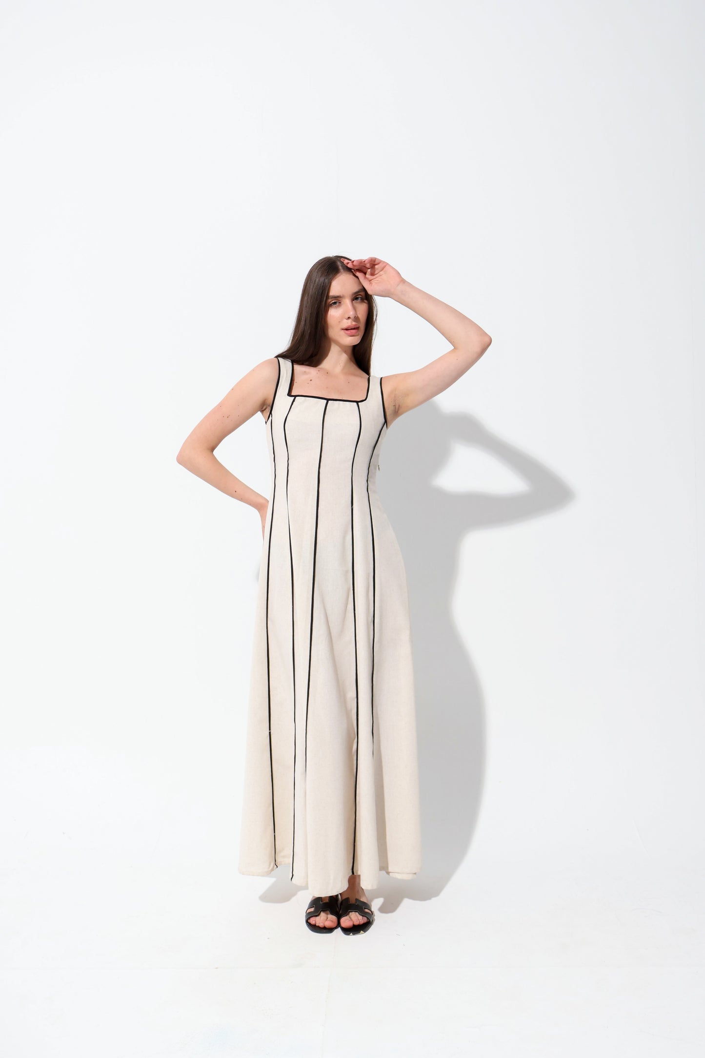 Beige Stripe Linen Dress