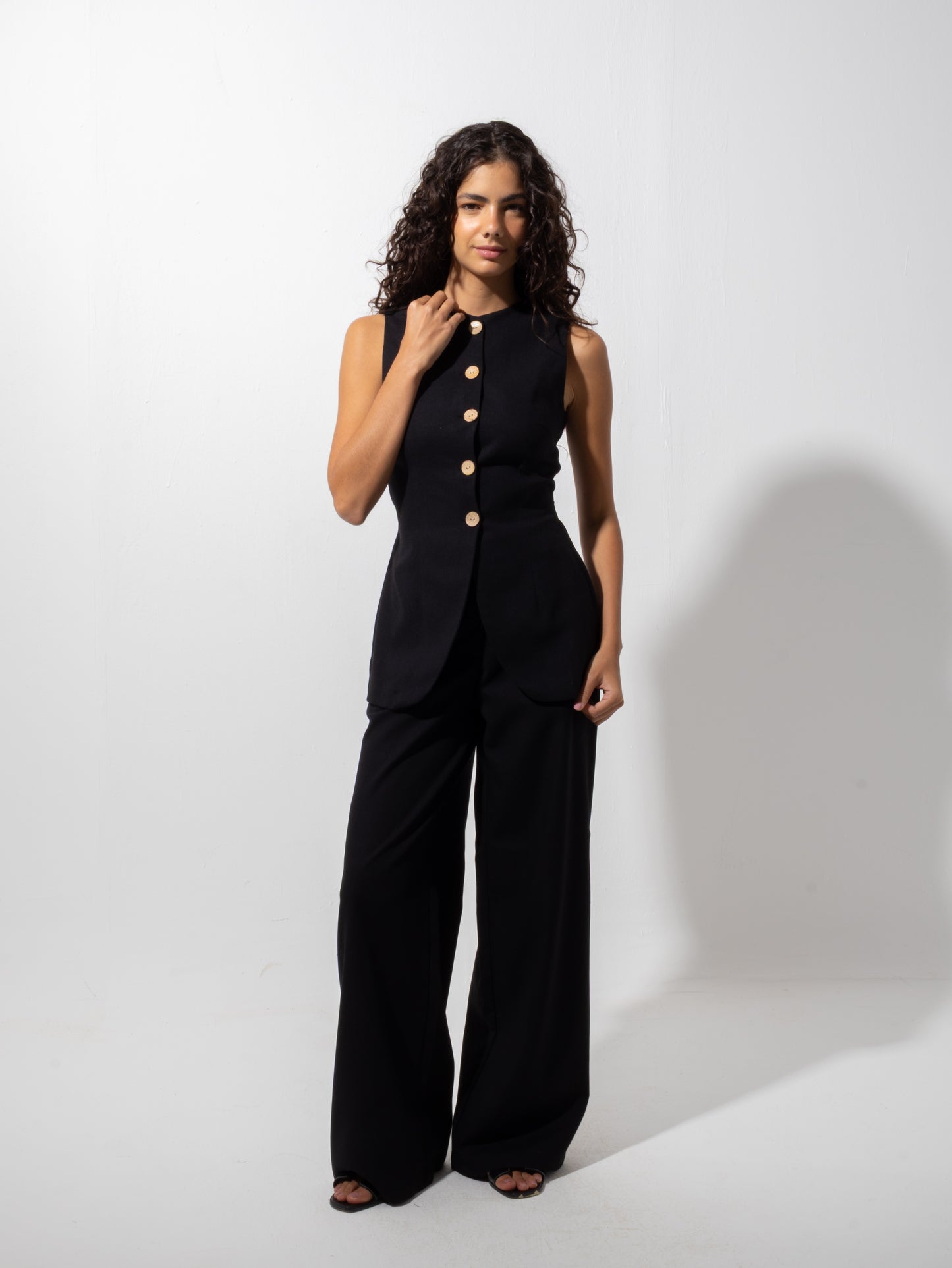 Black Linen Vest Set