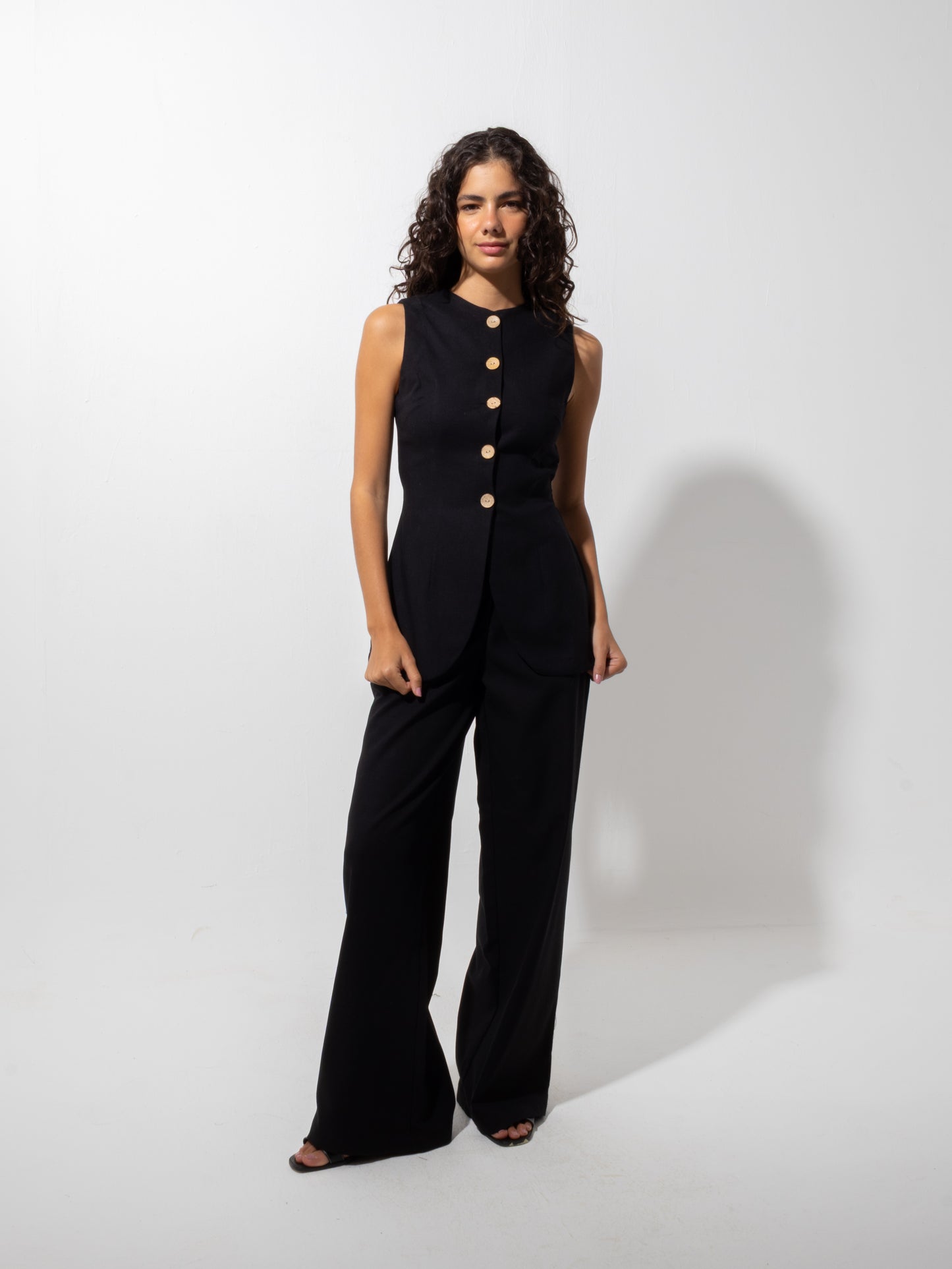 Black Linen Vest Set