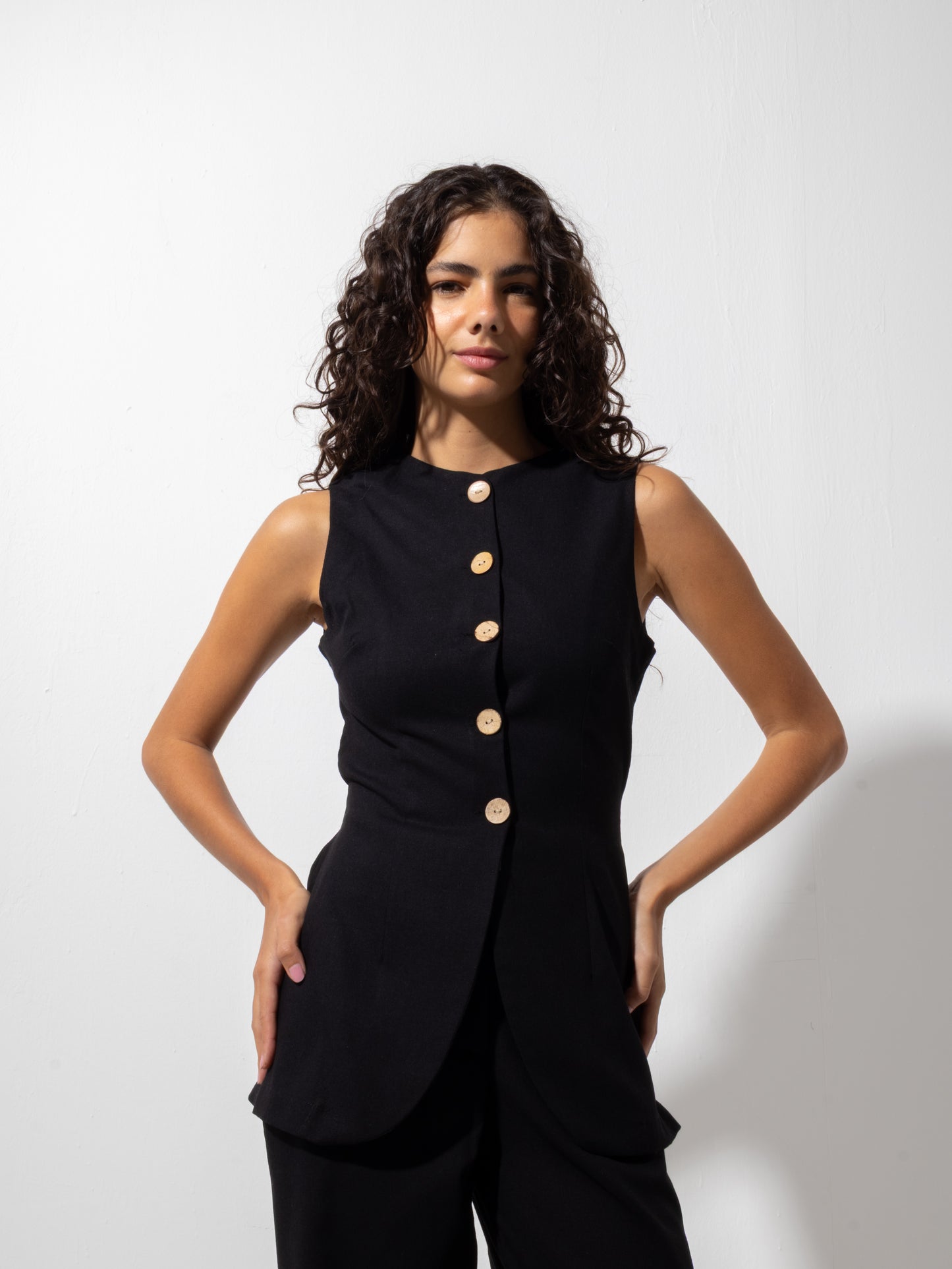 Black Linen Vest Set