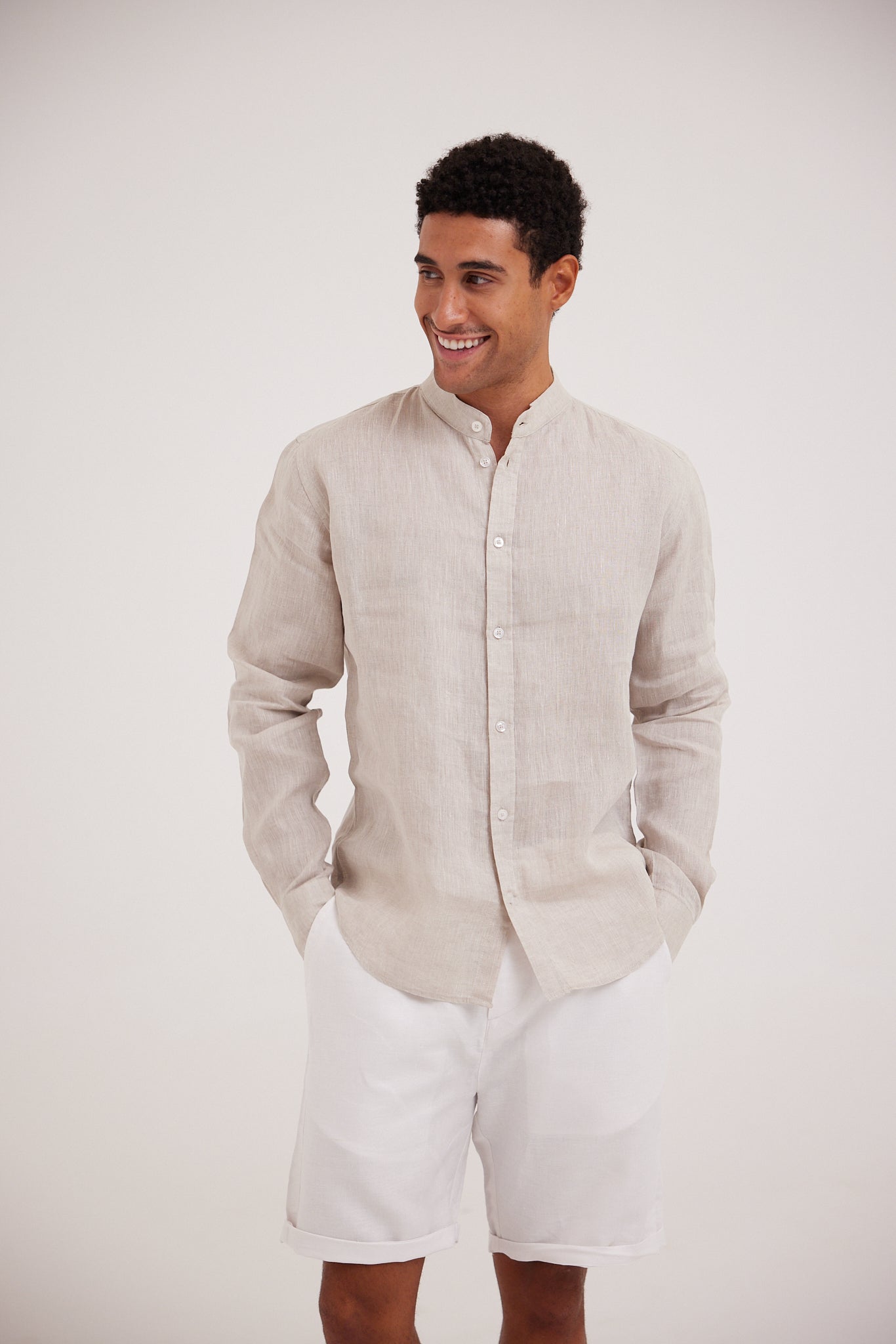 Beige Half Collar Linen Shirt