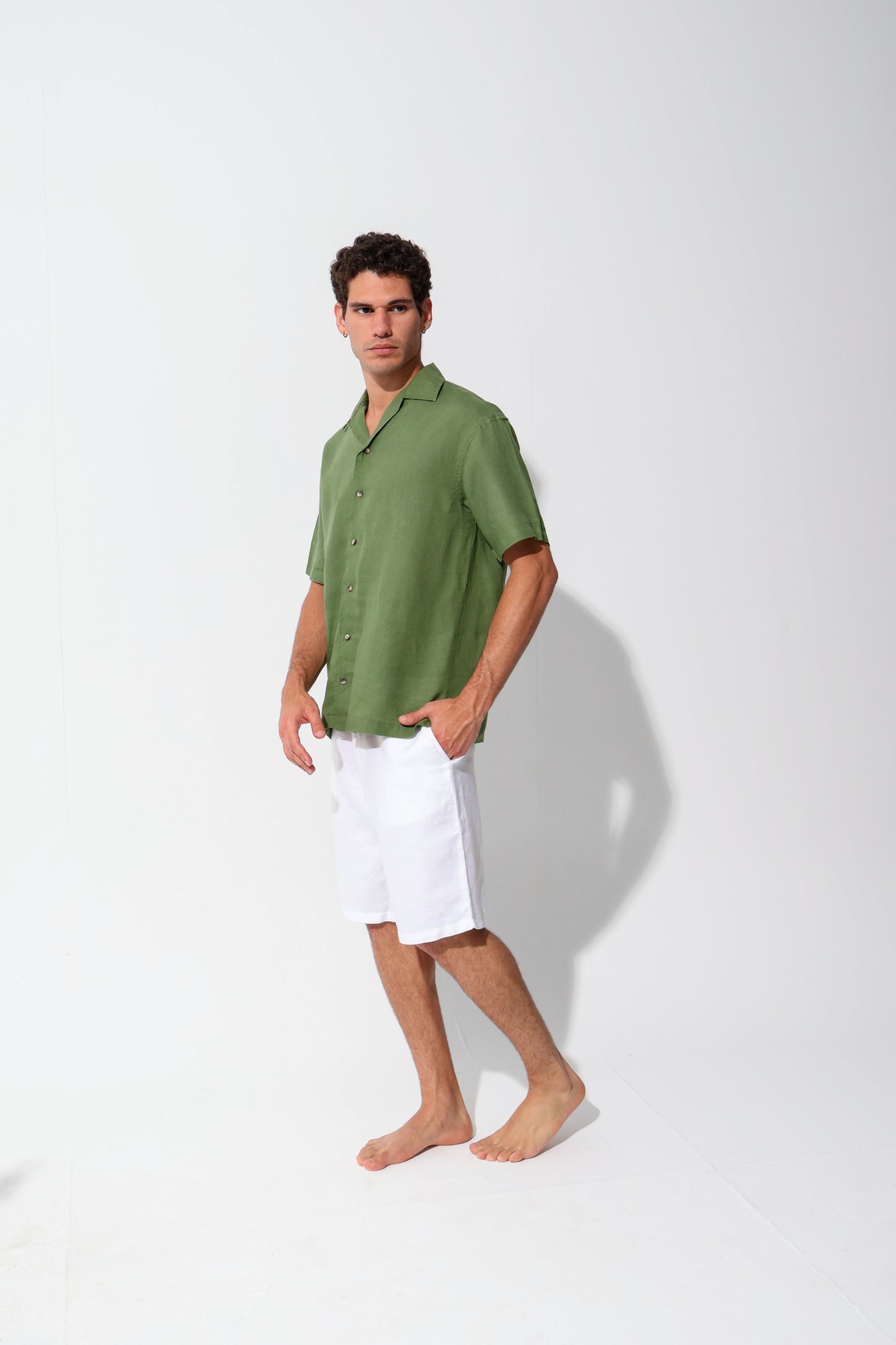 Olive Half Sleeve Linen Shirt