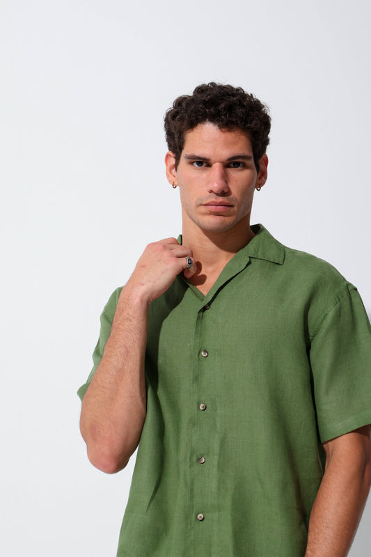 Olive Half Sleeve Linen Shirt