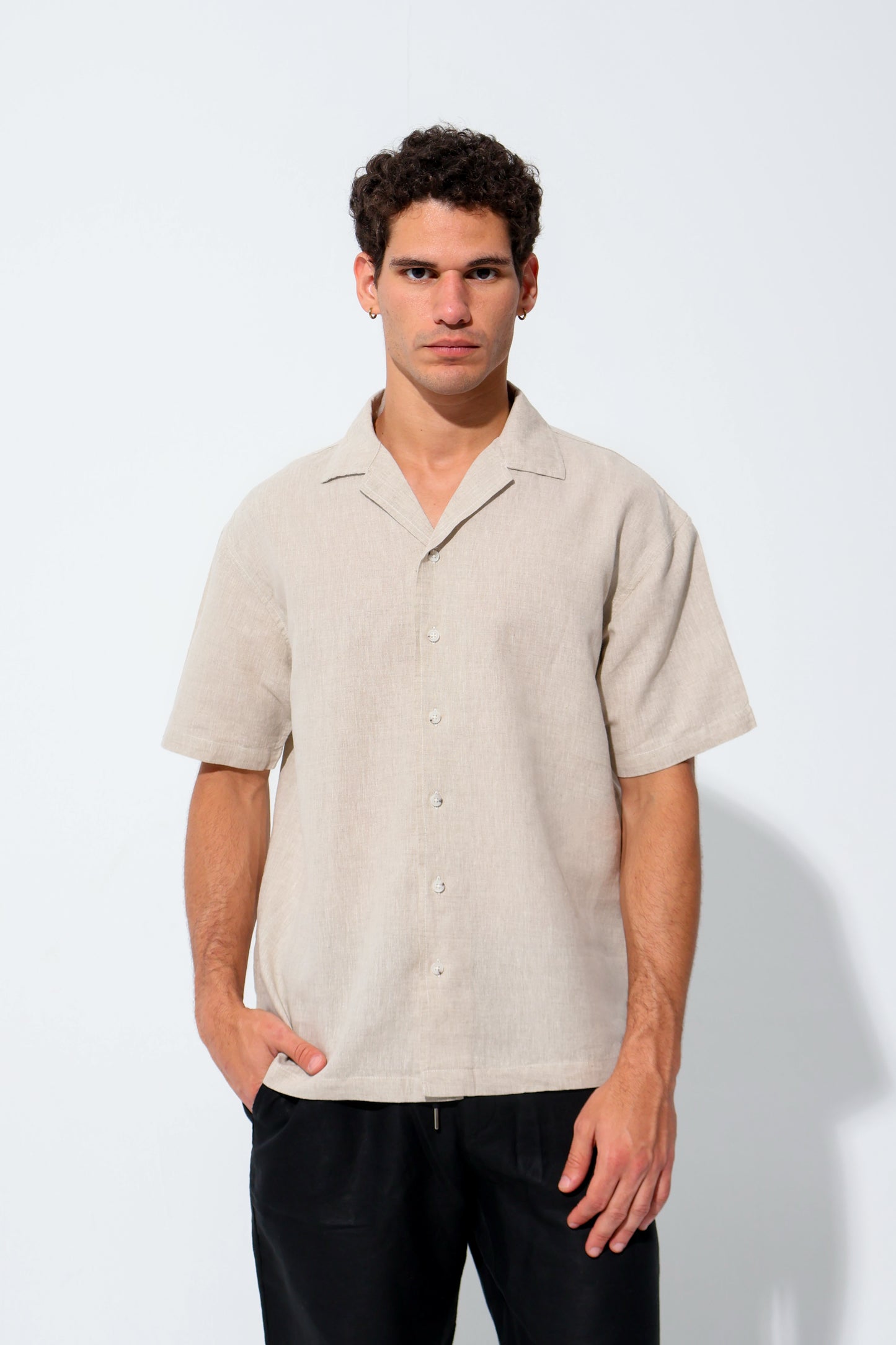 Beige Half Sleeve Linen Shirt