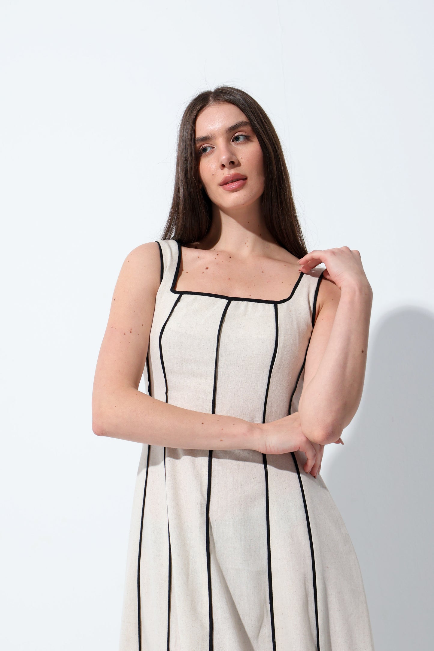 Beige Stripe Linen Dress