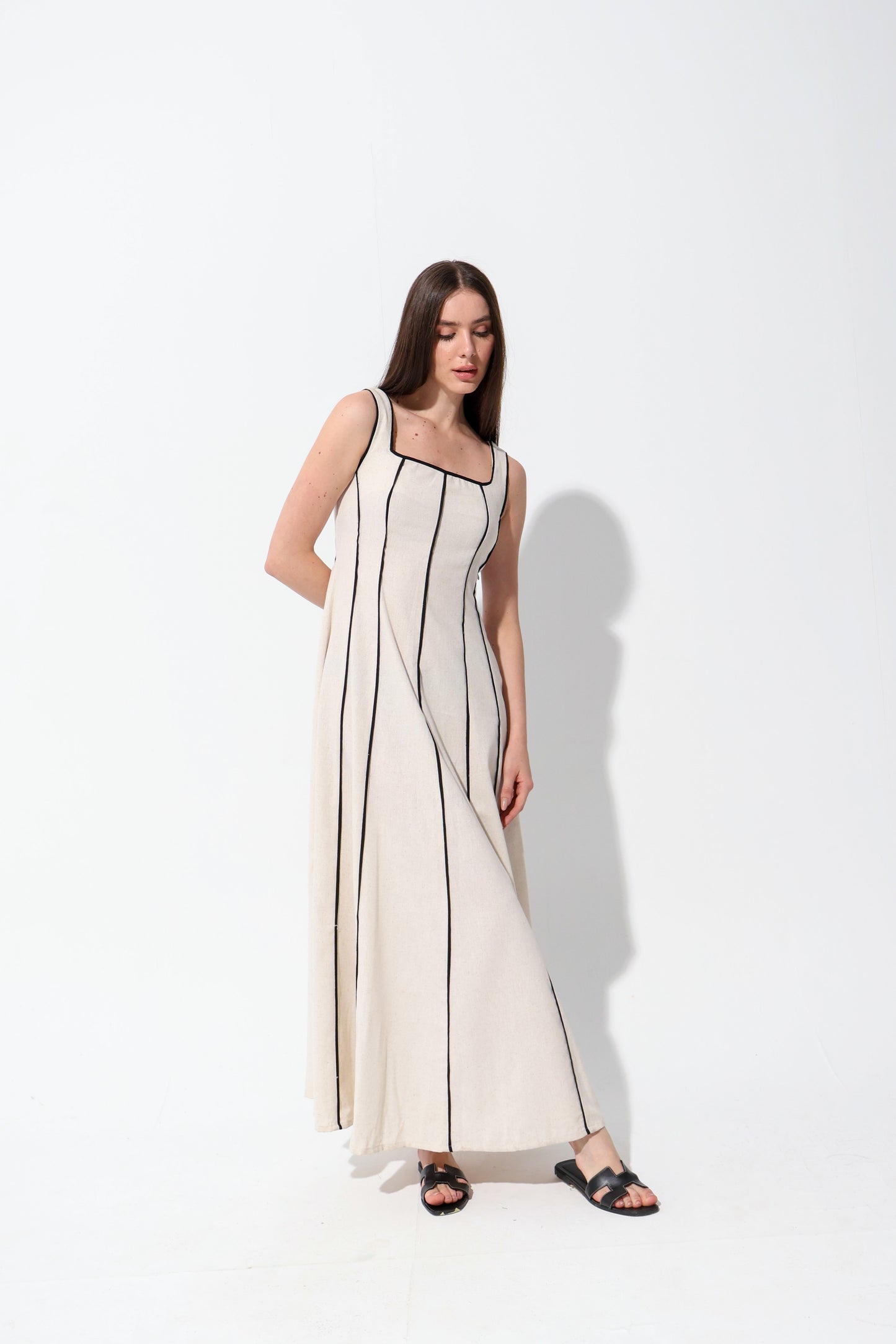 Beige Stripe Linen Dress