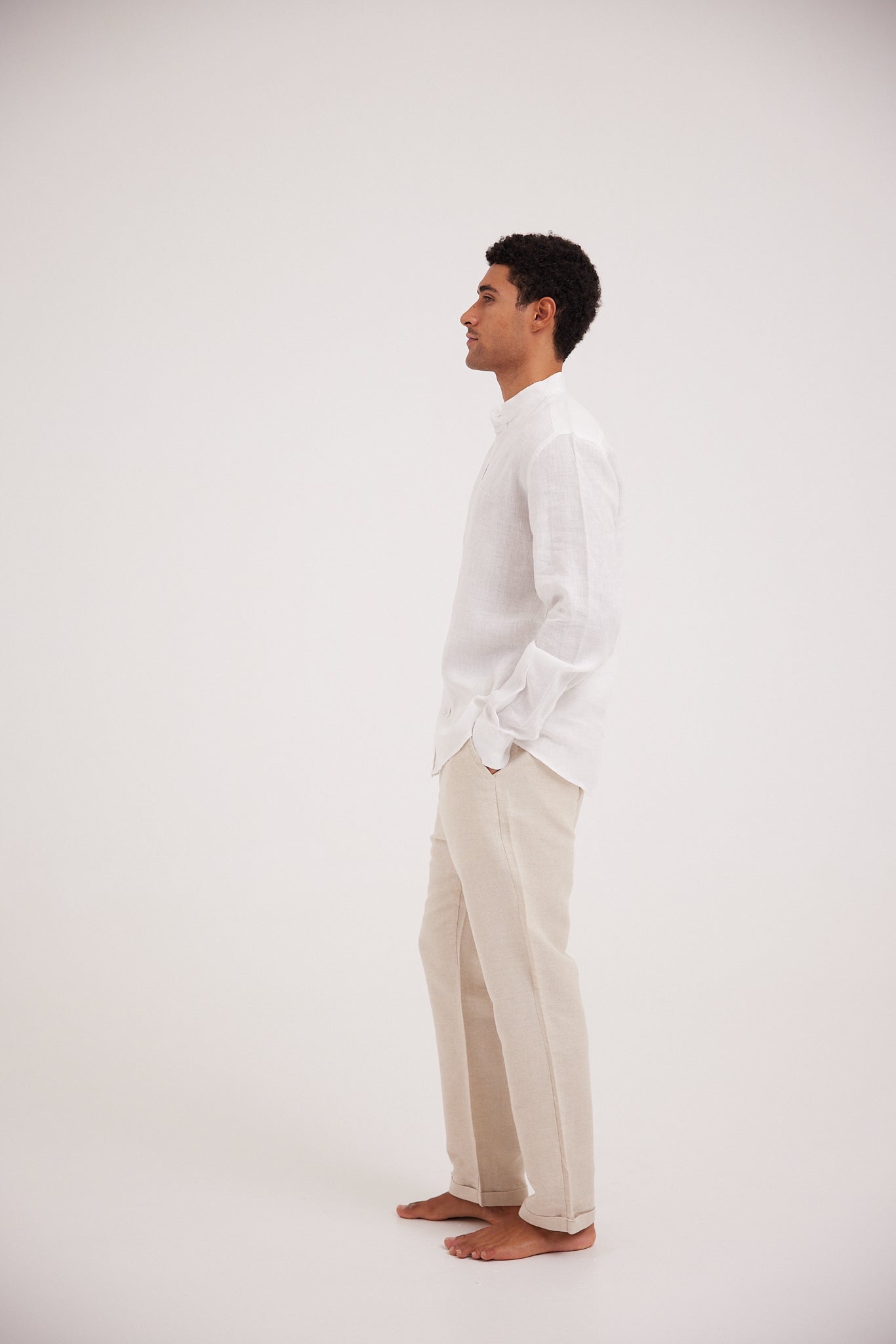 White Half Collar Linen Shirt