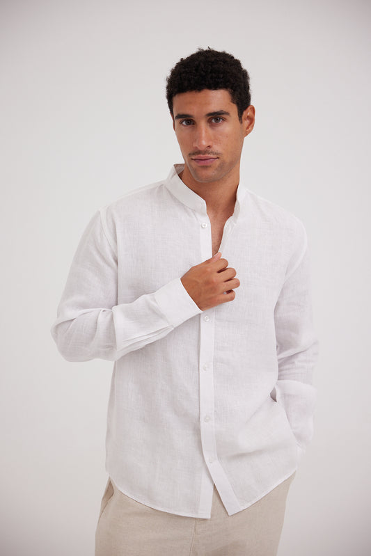 White Half Collar Linen Shirt