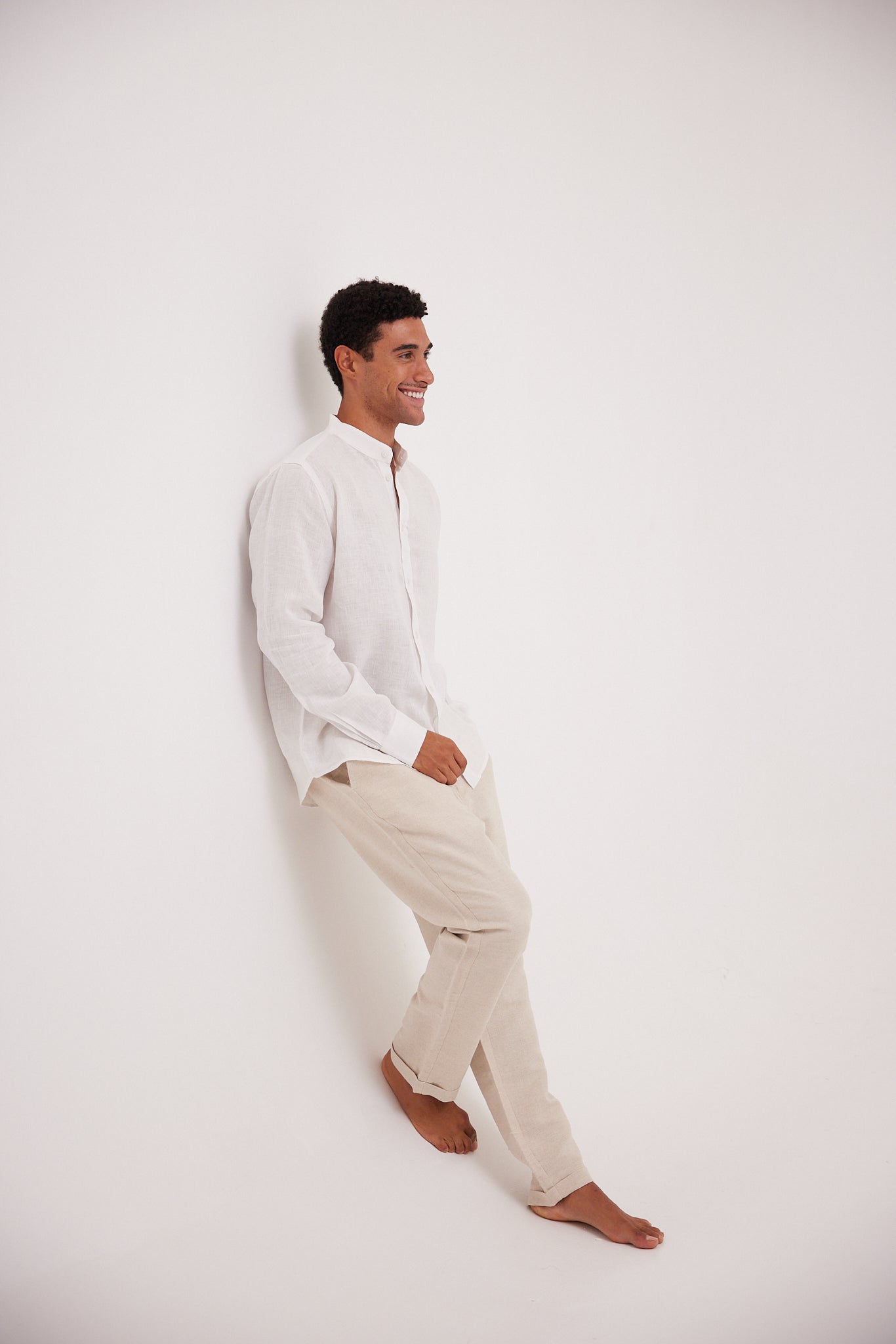 White Half Collar Linen Shirt