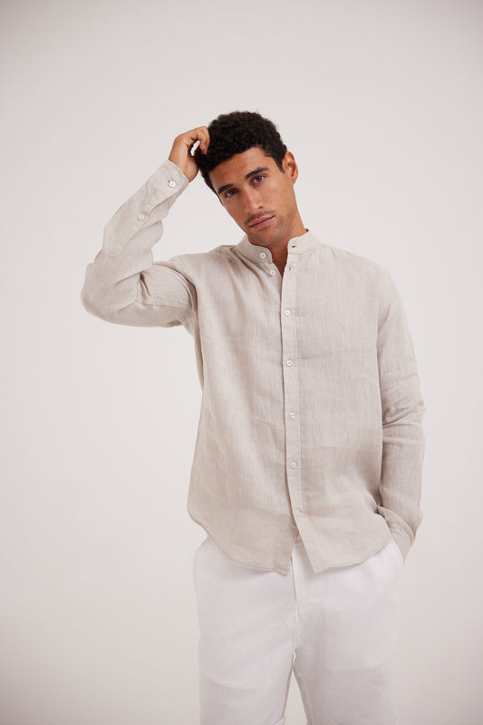 Beige Half Collar Linen Shirt